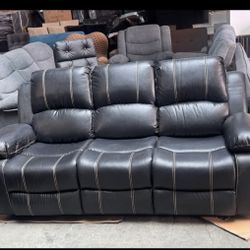Black Double Reclining 2 Pc Sofa with Center Drop Down Cup Holder Comfortable Plush Seat