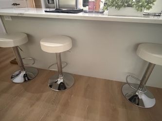 3 white leather silver stainless steel barstools