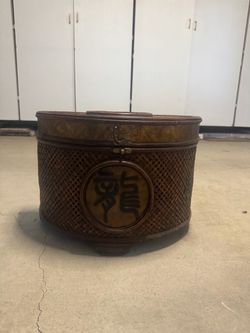 Vintage Chinese Woven Bamboo Box with Brass Medallion