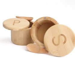 2Pack Salt and Pepper Bowls With Lid, Bamboo Salt and Pepper Cellar With Spoons