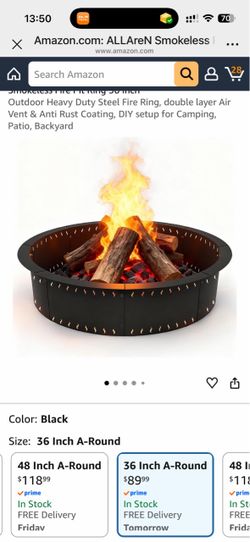Smokeless Fire Pit Ring 36 Inch Outdoor Heavy Duty Steel Fire Ring, double layer Air Vent & Anti Rust Coating, DIY setup for Camping, Patio, Backyard