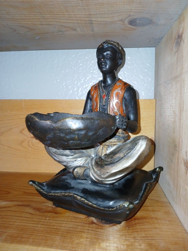 Cold Painted Bronze Man Sitting On Cushion Holding Bowl 