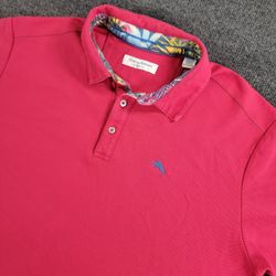 Tommy Bahama Island Zone Short Sleeve Polo Red/Pink Button Floral Trim Sz Large