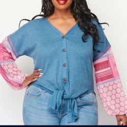 Mixed Cardigan 2X Button-Up Boho Top Patterned Sleeves