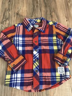 3T Old Navy L/S red plaid button up flannel shirt - $6!!