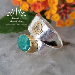 Sterling Silver 925 Ring Emerald Stone And 14k Gold Palted