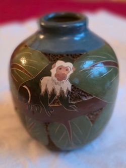 Handcrafted Peruvian Gourd Vase with Monkey Design 4" High