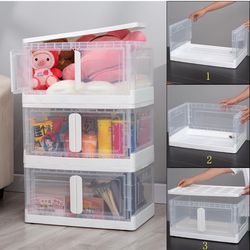 Sooyee 3 Pack 14.6 Gal Clear Closet Organizers and Storage,Collapsible Storage Bins with Lids and Doors,Stackable Storage Containers,Dorm Room Storage