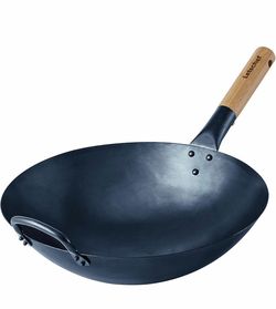 14 inch Carbon Steel Wok with Round Bottom-Free Chemical cookware for Gas Stoves, Open Fire-Hand Hammered Chinese Traditional Wok with Bamboo Handle(N