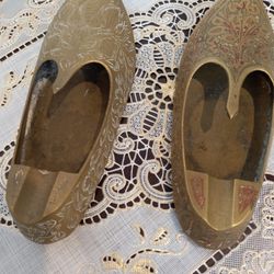 Vintage Mid Century India Cast Brass Incised Enamel Shoes Incense Burner Ashtrays - Set of 2. Each 6" x 2 1/2" Signed for her and him. 