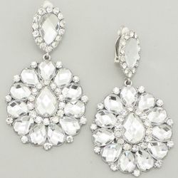 Large Clear Crystal Rhinestone Bling Wedding Pageant Prom Formal Clip-On Earrings