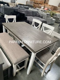 New! 6pcs White Rustic Dining Set, Dinette Set, Kitchen Table And Chairs, Table, Chairs, Bench, Casual Dining Set, Rectangular Dining Table, Dining Ro