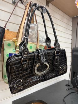 Black Patent Croc-Embossed Satchel Handbag