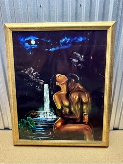 Vintage Romantic Couple Framed Art Print Night Waterfall Gold Frame 29x33