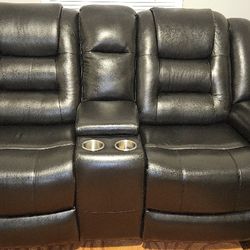 NEW Black Soft Leather Reclining Love Seat Sofa