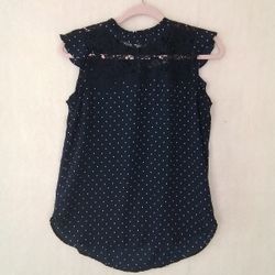 Women's Blouse Size XSmall w/ Navy and White Polka Dots