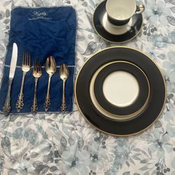 Bone China Mikasa Onyx : Four Place Setting  And Four  Silver Plated Silverware Settings  