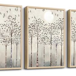 Natural Wood Framed 16x24” 3pc Wall Decor Trees & Birds