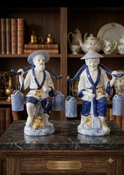 Vintage Blue and White Porcelain Chinese Fisherman Figurines - Set of 2