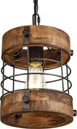 Wochos Metal and Wood Cage Pendant Light – Brown – Open Box