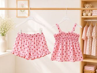 Girls Pink Gingham Strawberry Top and Shorts Set