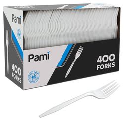 PAMI Medium-Weight Disposable Plastic Forks [400-Pack] - Bulk White Plastic Silverware For Parties..