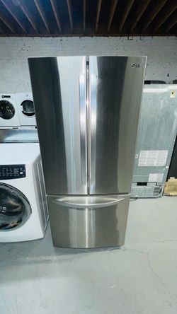 LG stainless steel refrigerator (30" x 67" x 28") with a receipt for a 60-day warranty.