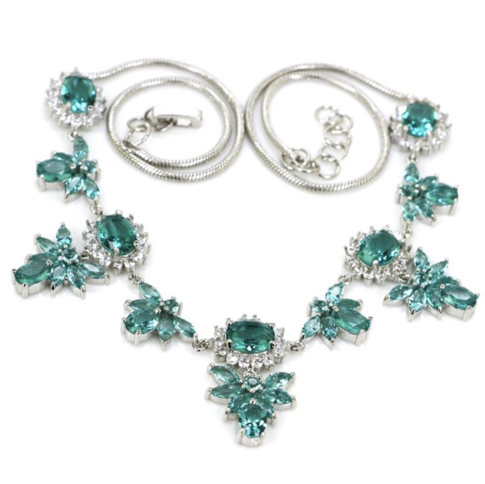 Sterling Silver.925 Rich Blue Aquamarine And White CZ Necklace.