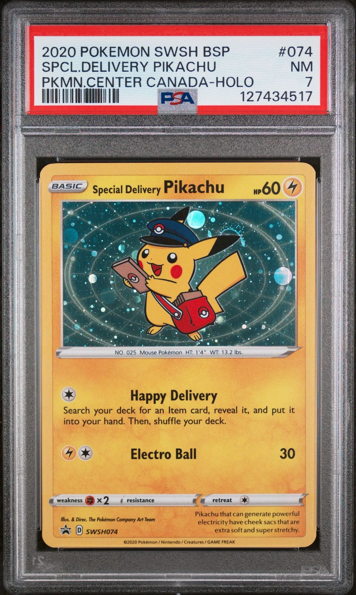 2020 POKEMON SWSH BLACK STAR PROMO #074 SPECIAL DELIVERY PIKACHU POKEMON CENTER PSA 7