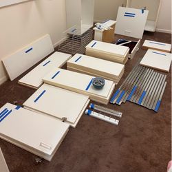 Closet Shelves, metal hanging rods, wire hamper & more