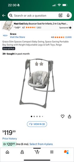 Graco Slim Spaces Compact Baby Swing, Space Saving Portable Bay Swing with Height Adjustable Legs & Soft Toys, Reign