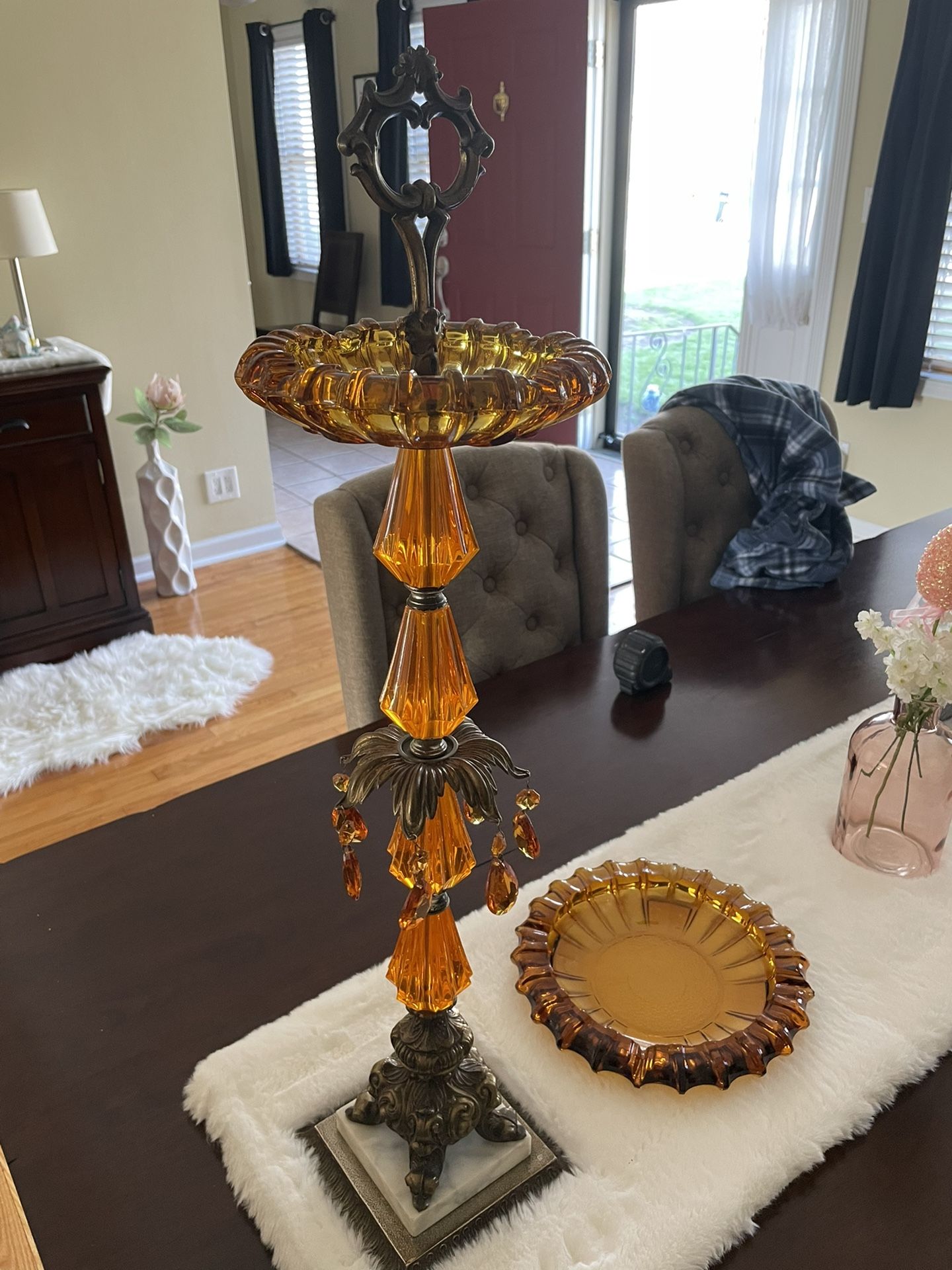 Vintage Rare Amber glass 4 Tier Standing Ashtray Brass! 1940’s-1950’s Circa