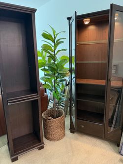Espresso Wood Display Cabinet & Bookcase Set – Glass Door, Lighted, 76”H