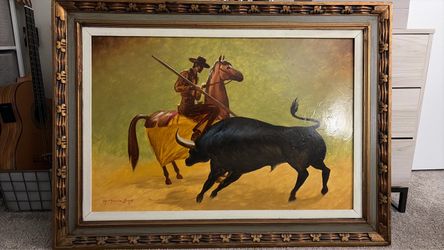 Framed Oil Painting Bullfighting Scene on Canvas