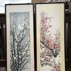 Set Of 2 Large Chinese Watercolor Painting Cherry Blossom Silk Wood Framed Wall Art 49” x 19”