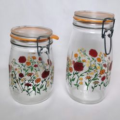 Set of 2 Vintage 1970s Glass Canisters by Artist R. Carman for Arc France