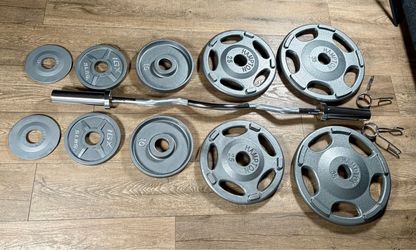Olympic Beautiful Hampton Set & Brand NEW Curl Bar W/ Cooper Bearings: Pairs Of 35s, 25s, 10s, 5s and 2.5s ( Total: 175 lbs)