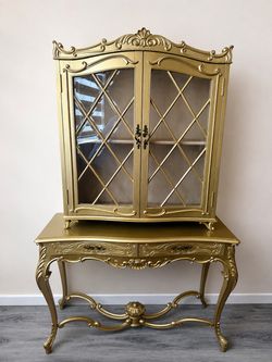 Real Wood - Gold Rococo Style 3-Piece Set – Vitrine, Console & Coffee Table