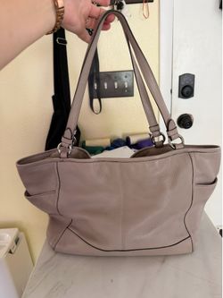 Coach Genuine Leather Tote Bag – Taupe / Lilac Interior