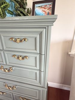 Vintage Dresser + Chest Set (Painted Sage Green w/ Gold Hardware)