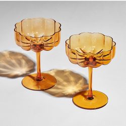 Flower Vintage Wavy Glass Coupes Martini, Champagne & Cocktail Coupes - Set of 2-7oz Colorful Cocktail Glasses & Champagne, Prosecco, Mimosa Glassware