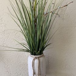 Faux Plant In Ceramic Pot And Wooden Plant Stand. 