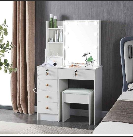 Makeup Vanity,White Vanity with Mirror and Light Set