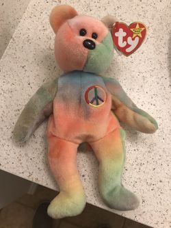 Peace bear beanie baby with two tag errors