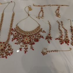 Indian Bridal Jewelry Set, 2 Pairs Of Necklace & 2 Pairs Of Earings , Bracelate With Parm Jewelry With 2 Rings For Each Hand, Mang Tikka & Nose Ring