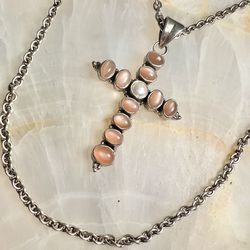 Nicky Butler Peach Moonstone Cross Necklace 24” Sterling Silver NB