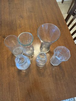 Set of 6 Glass Flower Vases 7- 9 Inches Tall, Various Sizes Brand New Many Uses