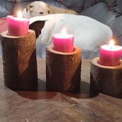 Handmade Rustic Log Candle Holder Set