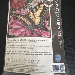 Cross stitch kit Butterfly on Zinnia Dimensions 5in x5in(12cm x 12 cm)