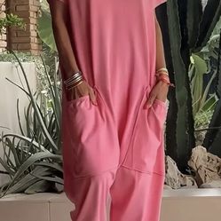 NWT Women's Lightweight V-Neck Short Sleeve Jumpsuit with Pockets - Casual Loose Fit, Size XXL